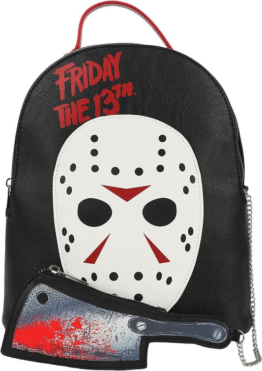 Friday The 13th Jason Mask 11" Mini Backpack With Pull Out Meat Cleaver Coin Purse - NERD BLVD